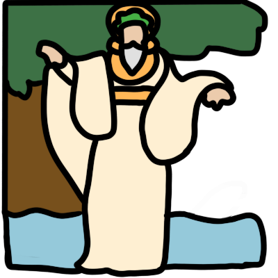 a full-body drawing of a historical druid, shown as a white man with a silver beard and white robes, adorned in gold and with a wreath of green leaves on his head. he is holding up both arms, one hand facing up and the other hand facing down. behind him is an oak tree and a body of water.